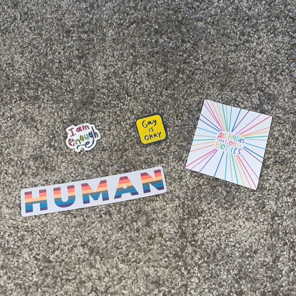 Two pride pins, and two stickers